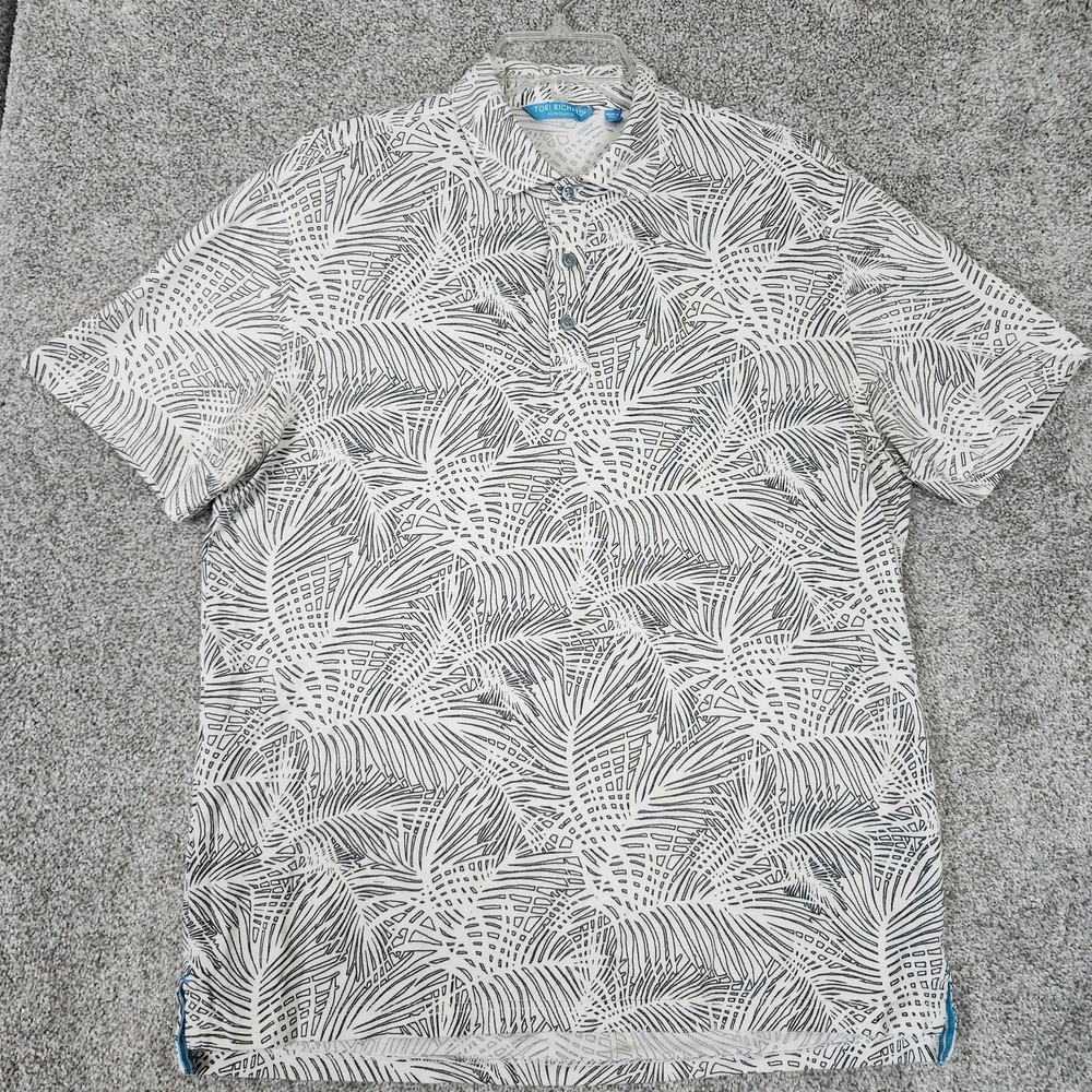 Tori Richard Polo Shirt Mens Medium White Tropical Palm Print Moisture Wicking